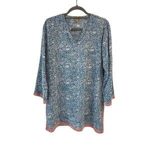 Roberta Roller Rabbit Blue Printed Tunic Kurta Top 3/4 Sleeves V-Neck Womens M